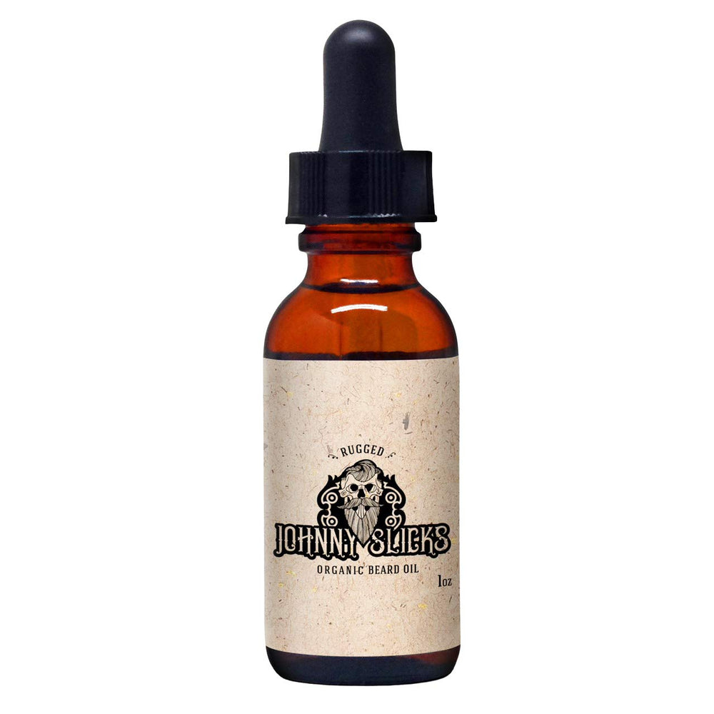 Johnny Slicks Organic Beard Oil bottle image showcases rich hydration for beard and skin.