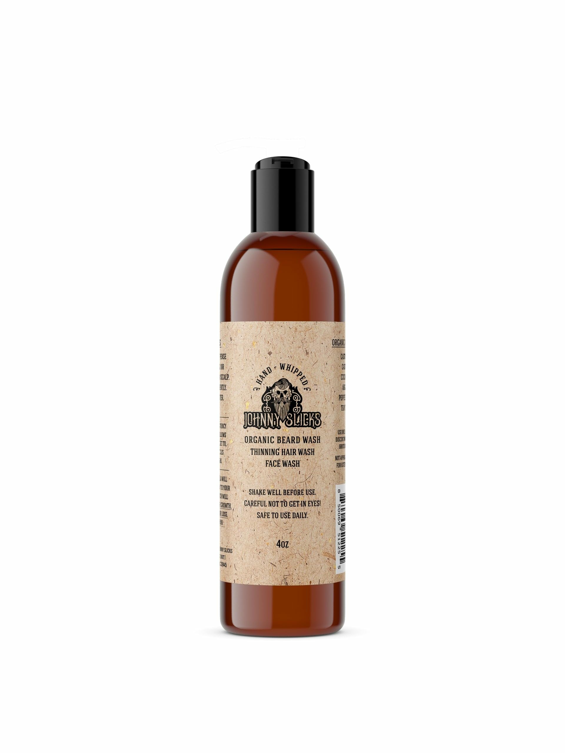 Johnny Slicks Organic Hand Whipped Beard Wash bottle pour highlights refreshing cleanse and invigorating scent.