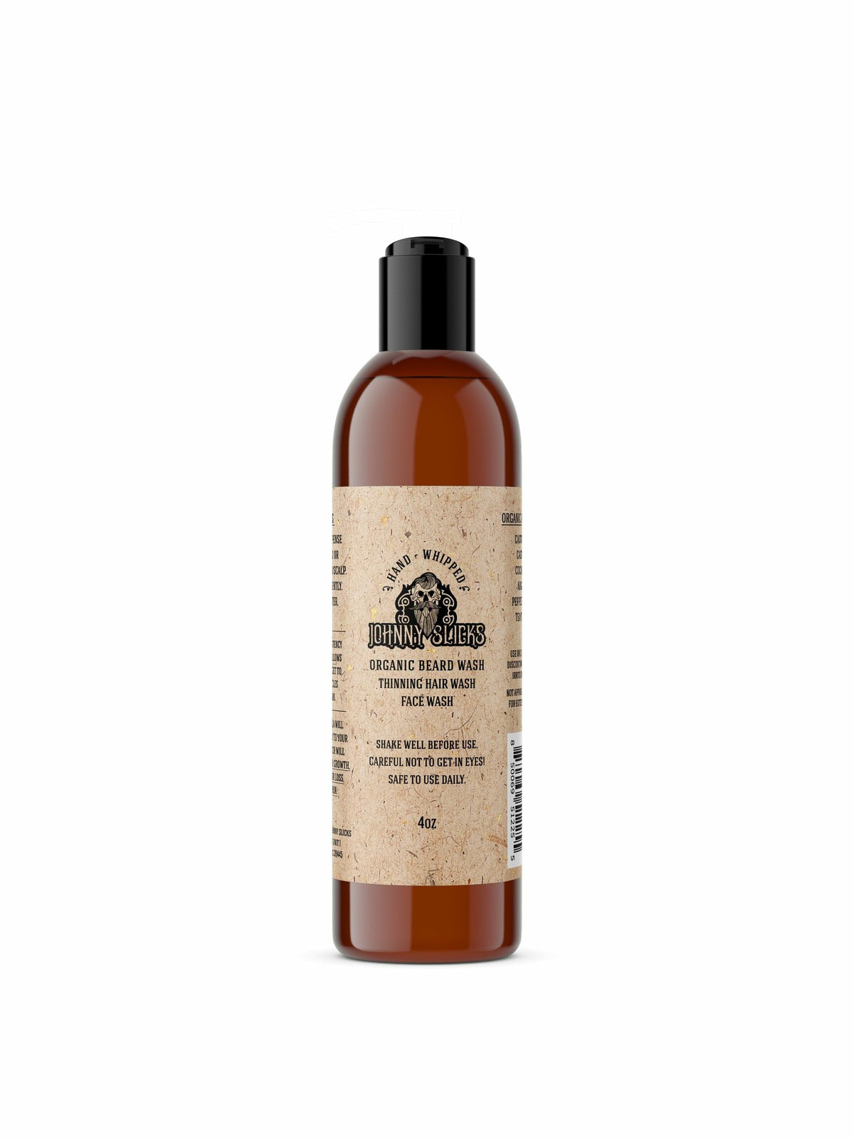Johnny Slicks Organic Hand Whipped Beard Wash bottle pour highlights refreshing cleanse and invigorating scent.