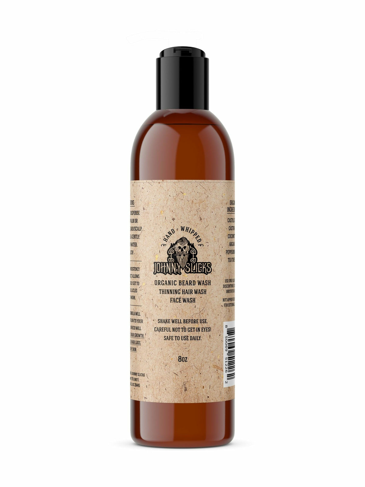 Johnny Slicks beard wash bottle shows rugged, refreshing cleanse for beard and skin