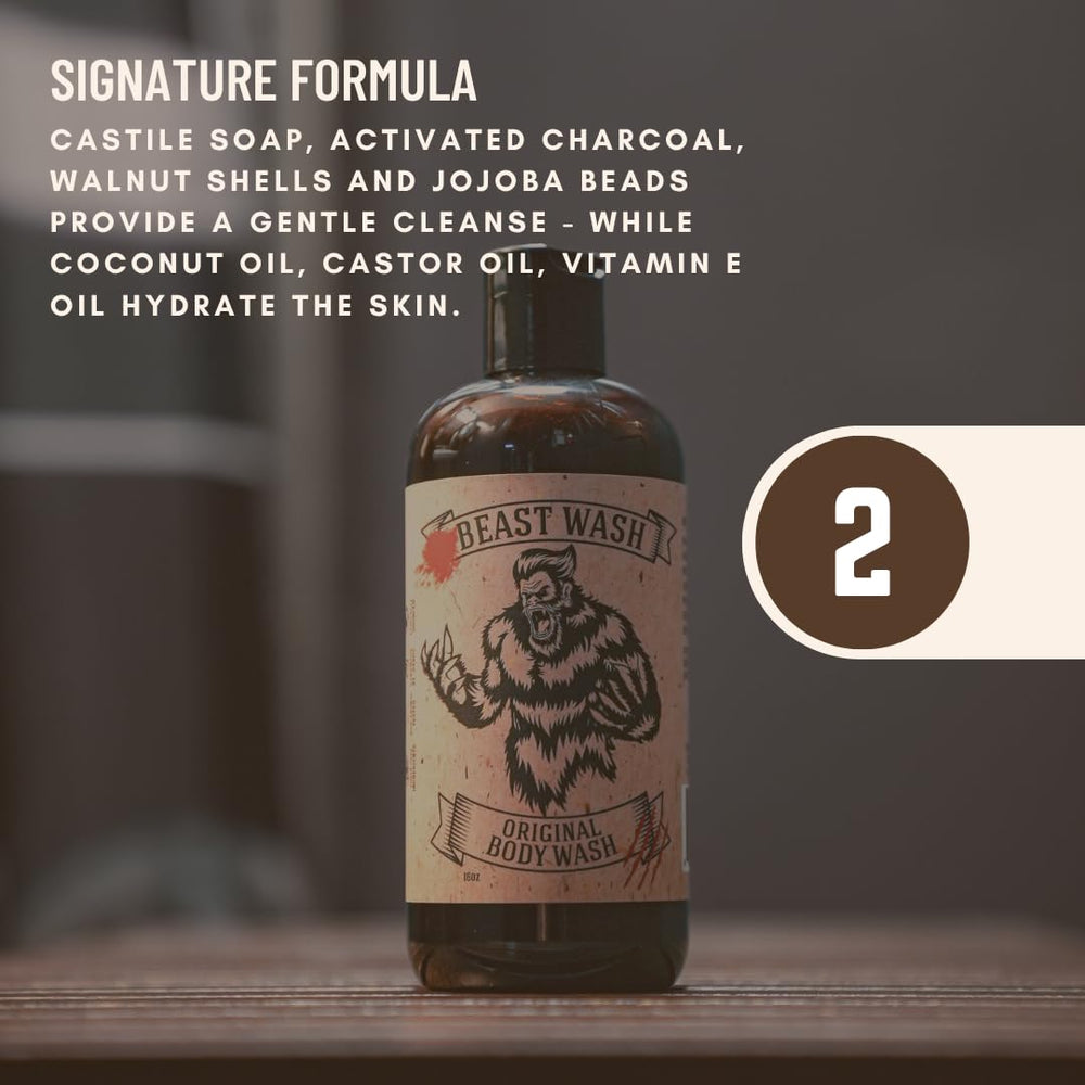 Johnny Slicks Shampoo amber-teakwood scent — masculine aroma enhances the shower.