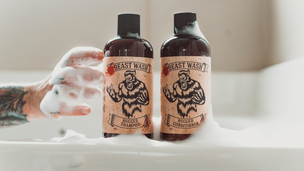 Johnny Slicks Shampoo pour demonstrates gentle cleansing and buildup removal.