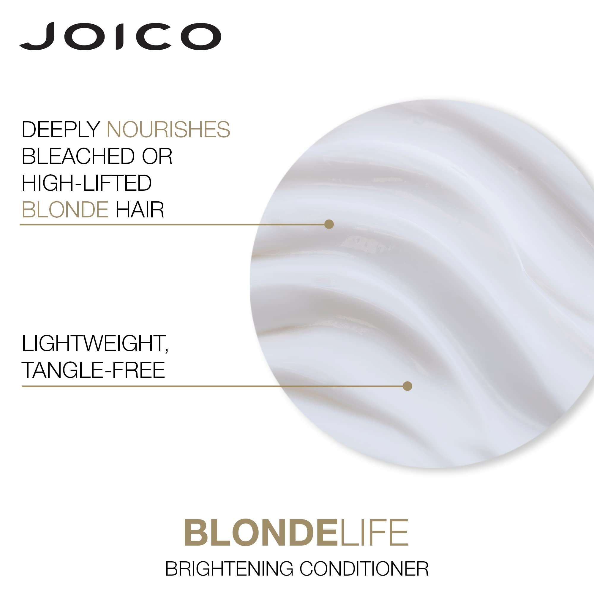 After-use blonde hair shows shiny, weightless lift with Joico set