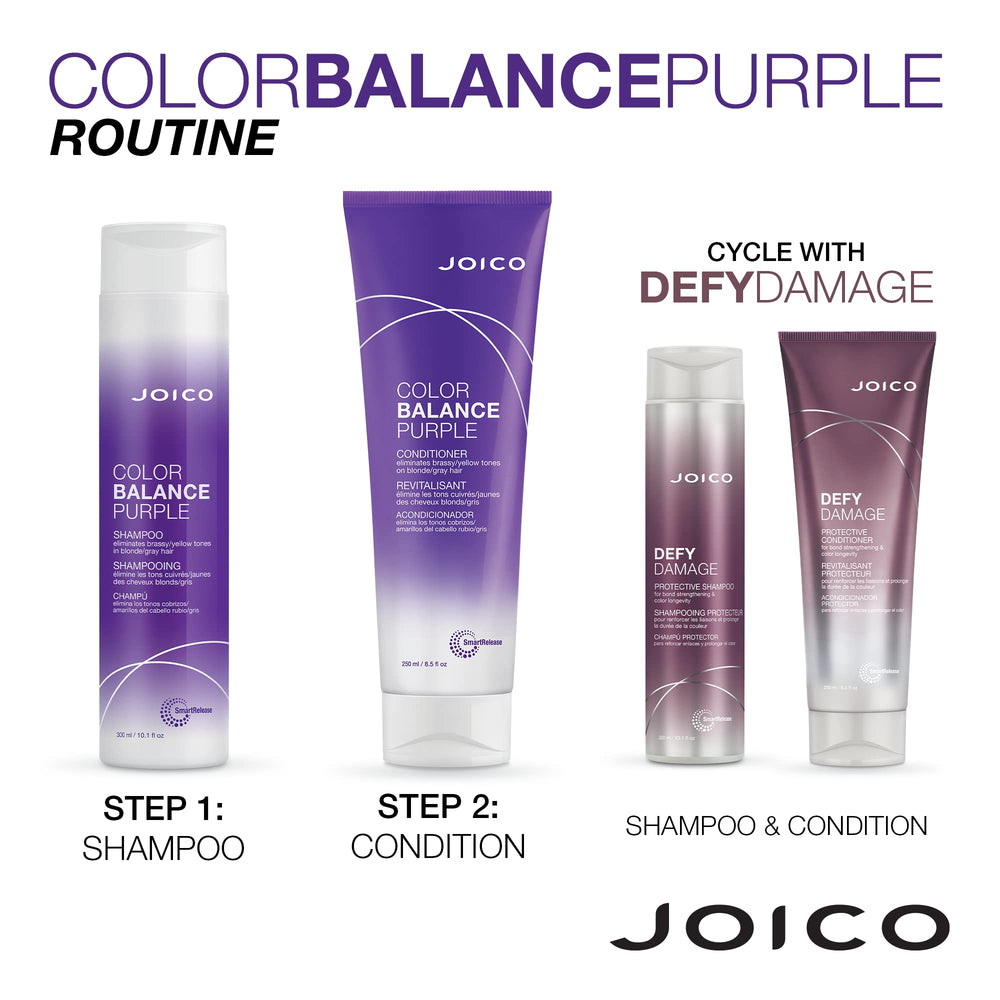 Joico Color Balance Purple duo set shown on shelf for easy color-correcting routine.