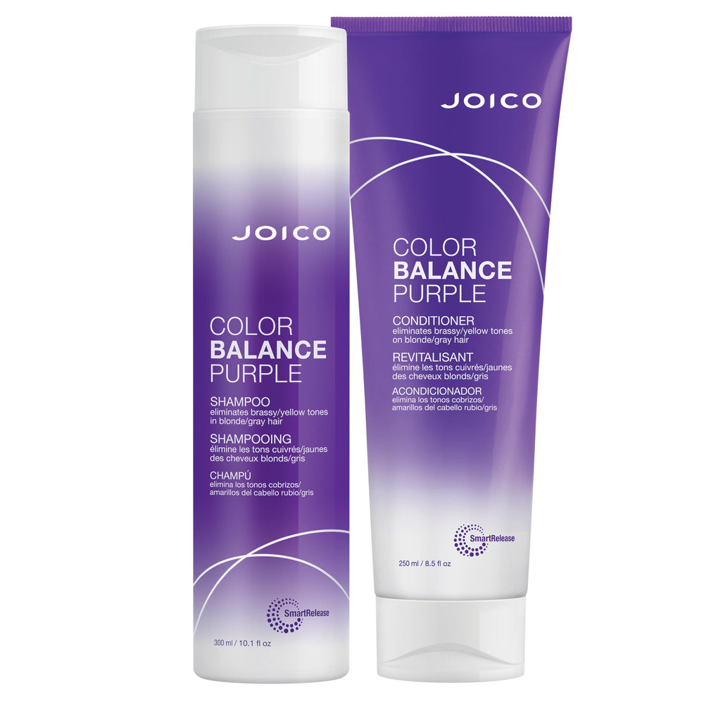 Joico Color Balance Purple Shampoo bottle neutralizes yellow tones for cool blonde hair.