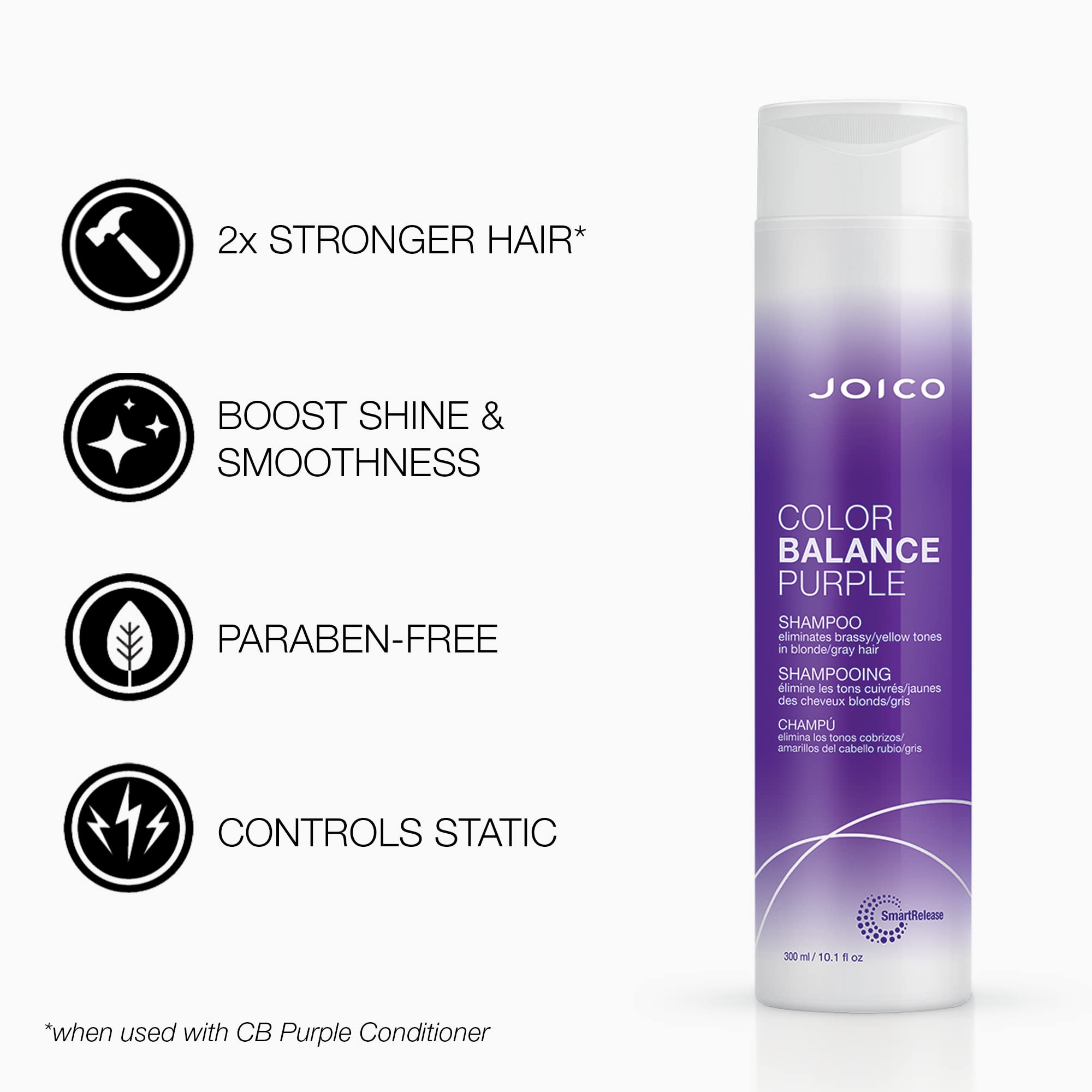Joico Color Balance Purple Shampoo lather cleanses while preserving color vibrancy.