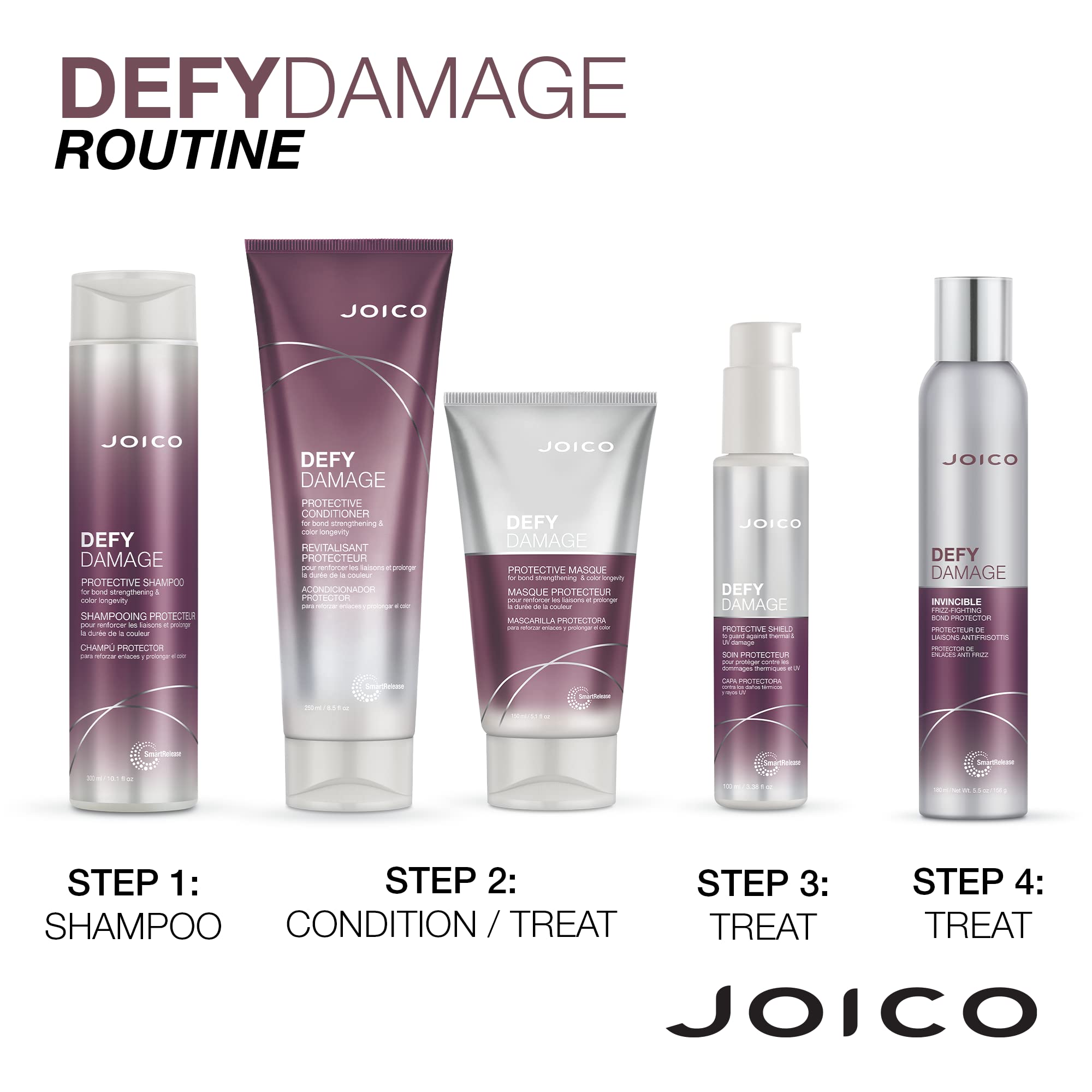 Joico Defy Damage on bathroom shelf conveys daily hair care routine and color care.