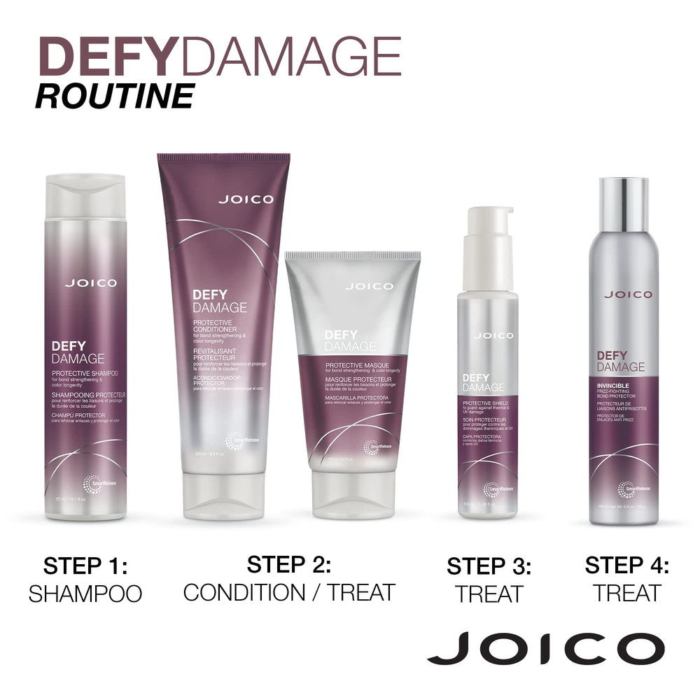 Joico Defy Damage on bathroom shelf conveys daily hair care routine and color care.