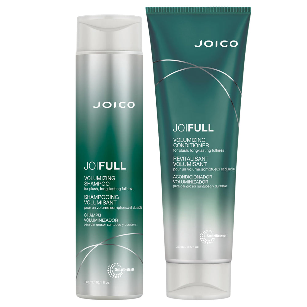 Joico JoiFULL shampoo bottle pour demonstrates easy-glide cleanse for fine hair