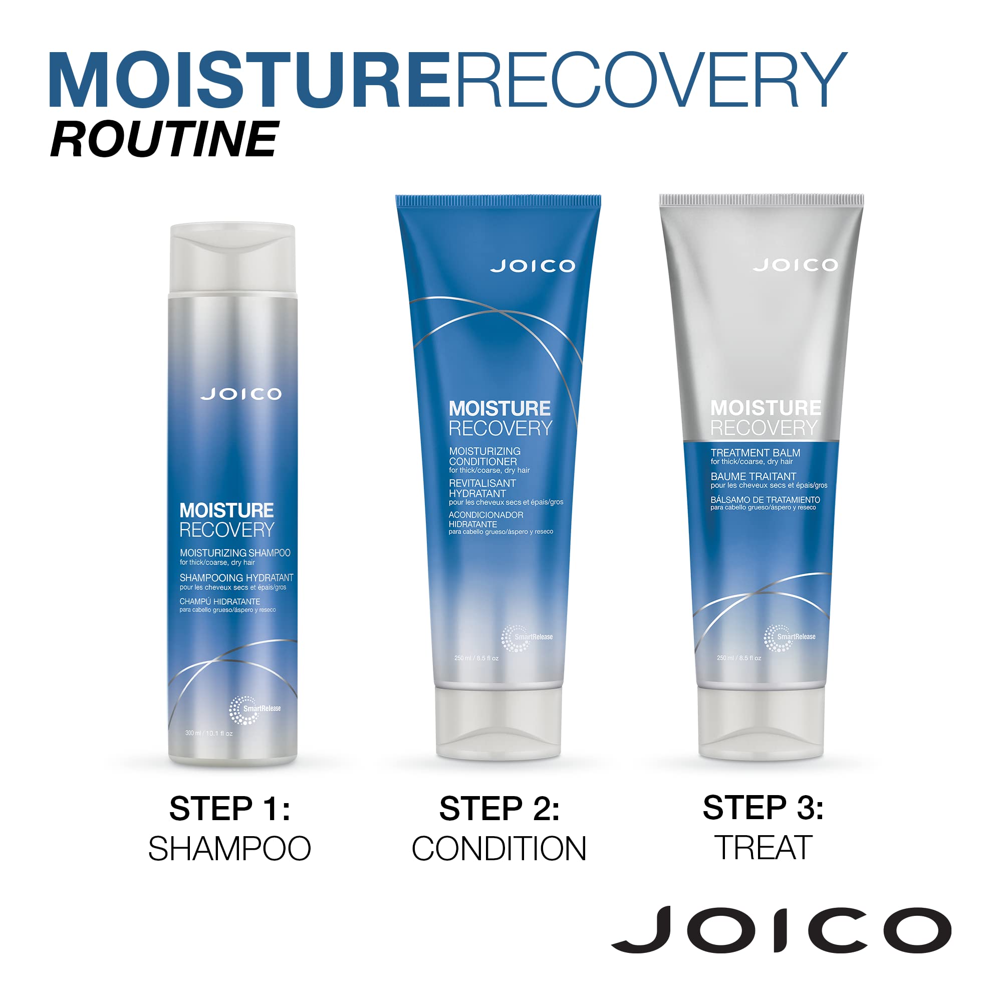 Joico Moisture Recovery label notes breakage reduction up to 55%.