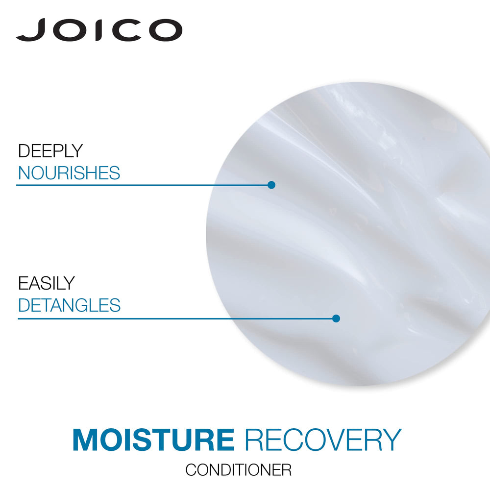Joico Moisture Recovery bathroom shelf display—thick, coarse hair friendly hydration.