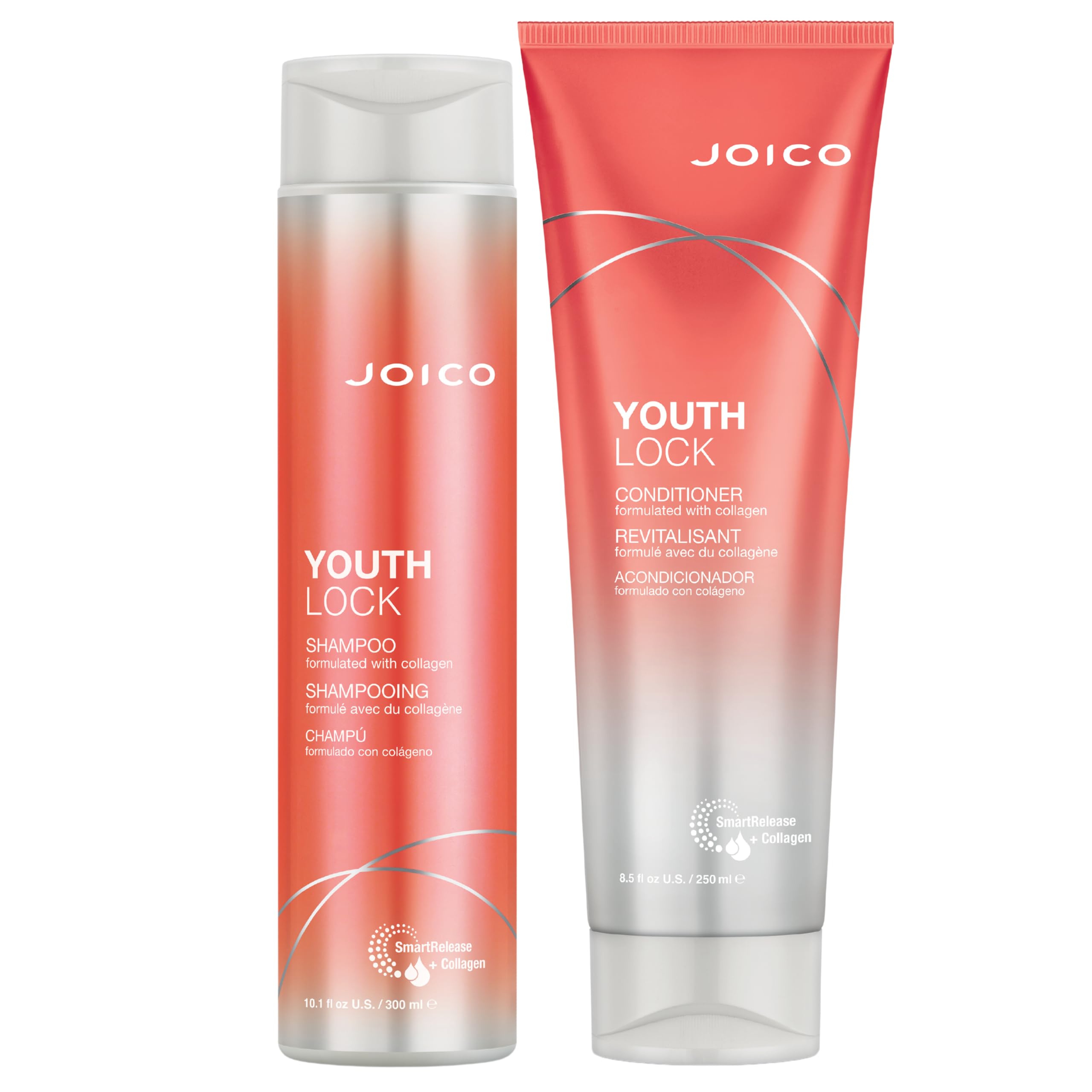 Joico YouthLock shampoo bottle front showing gentle cleansing and collagen benefits for daily use.