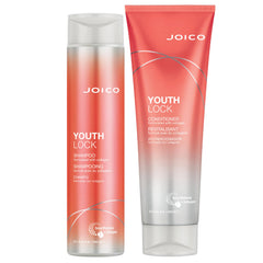 Joico YouthLock shampoo bottle front showing gentle cleansing and collagen benefits for daily use.