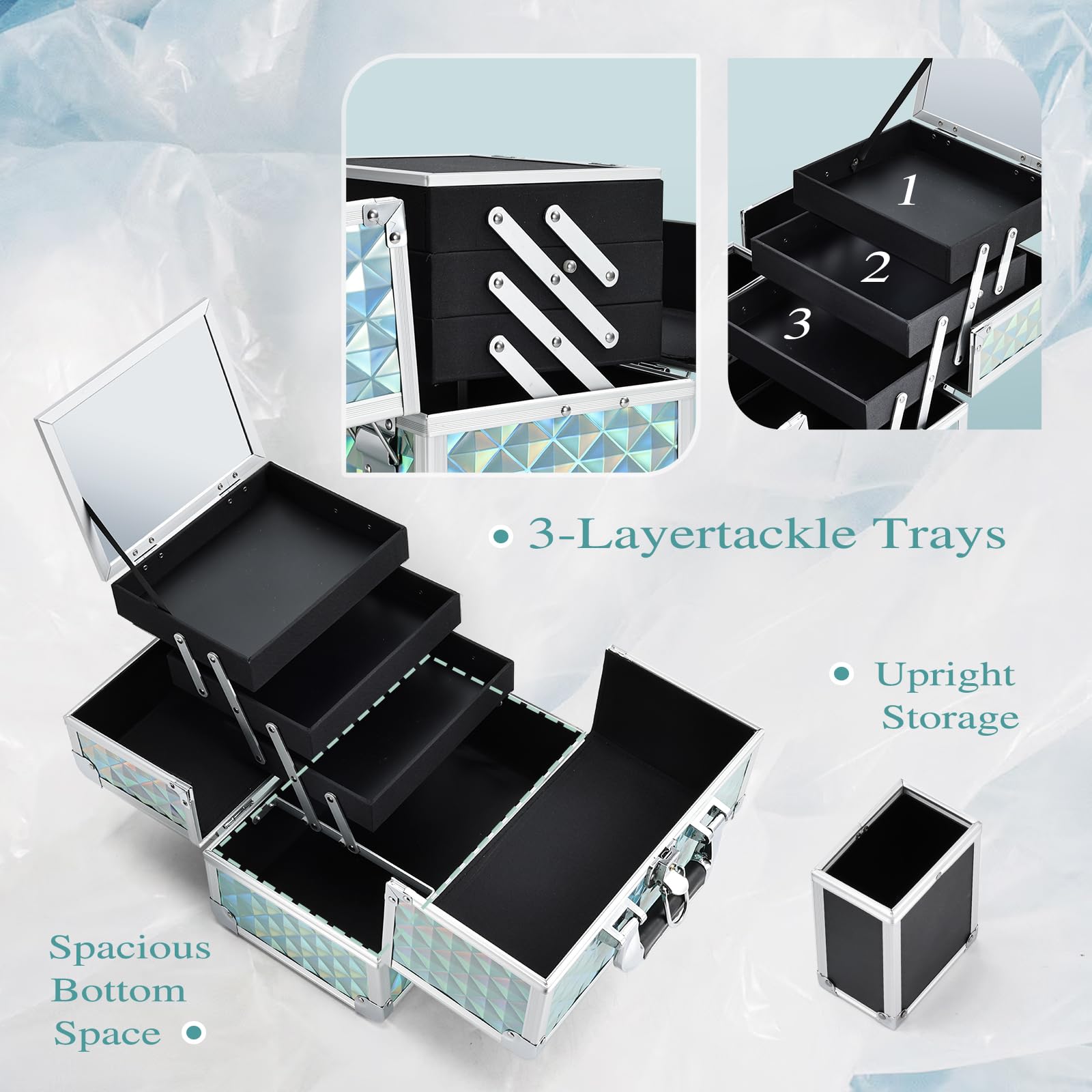 Joligrace makeup box detachable tray with brush holder keeps tall items organized while traveling.