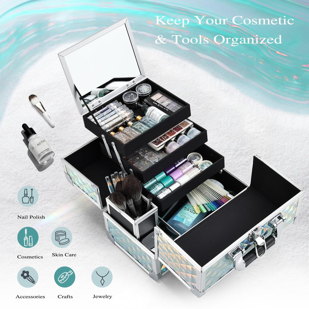 Joligrace makeup box turquoise exterior highlights vibrant travel-ready case for organized beauty gear.
