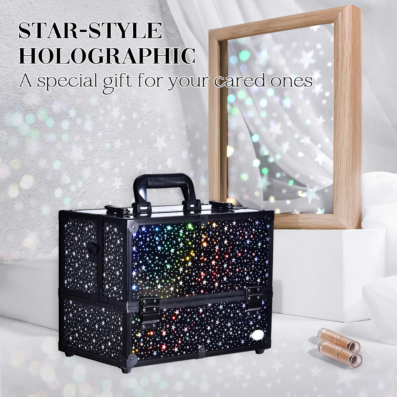 Joligrace makeup case star-pattern interior shows six adjustable trays for organized cosmetics.