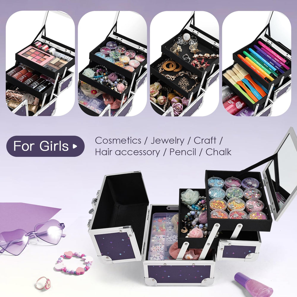 Joligrace case with trays open, displaying jewelry and accessory compartments.