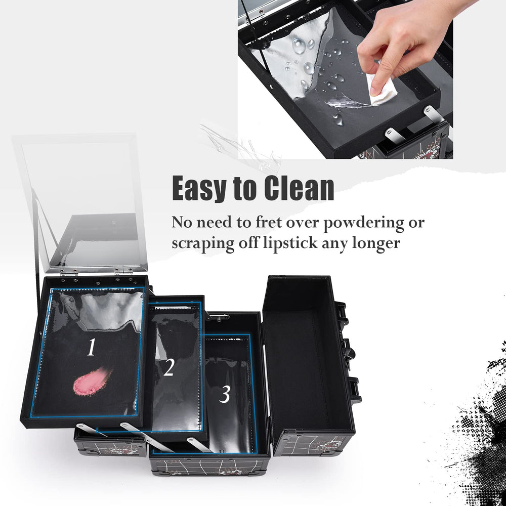 Joligrace makeup train case bottom space fits palettes and travel bottles.