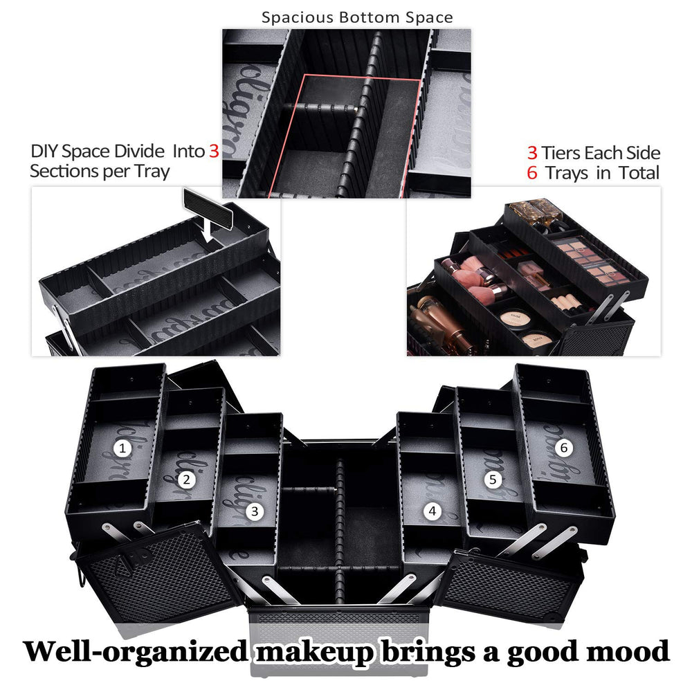 Joligrace makeup-train-case-trays: six adjustable trays for precise cosmetic organization.