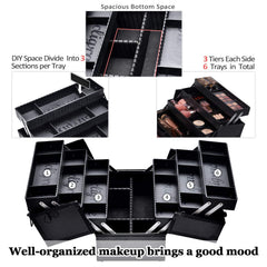Joligrace makeup-train-case-trays: six adjustable trays for precise cosmetic organization.