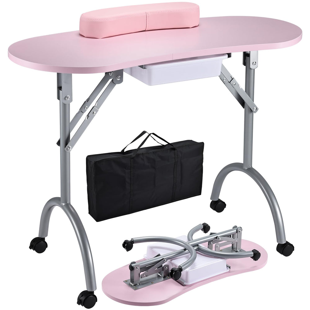 Joligrace manicure table foldable-wheels-pink enables easy on-site setup and transport.
