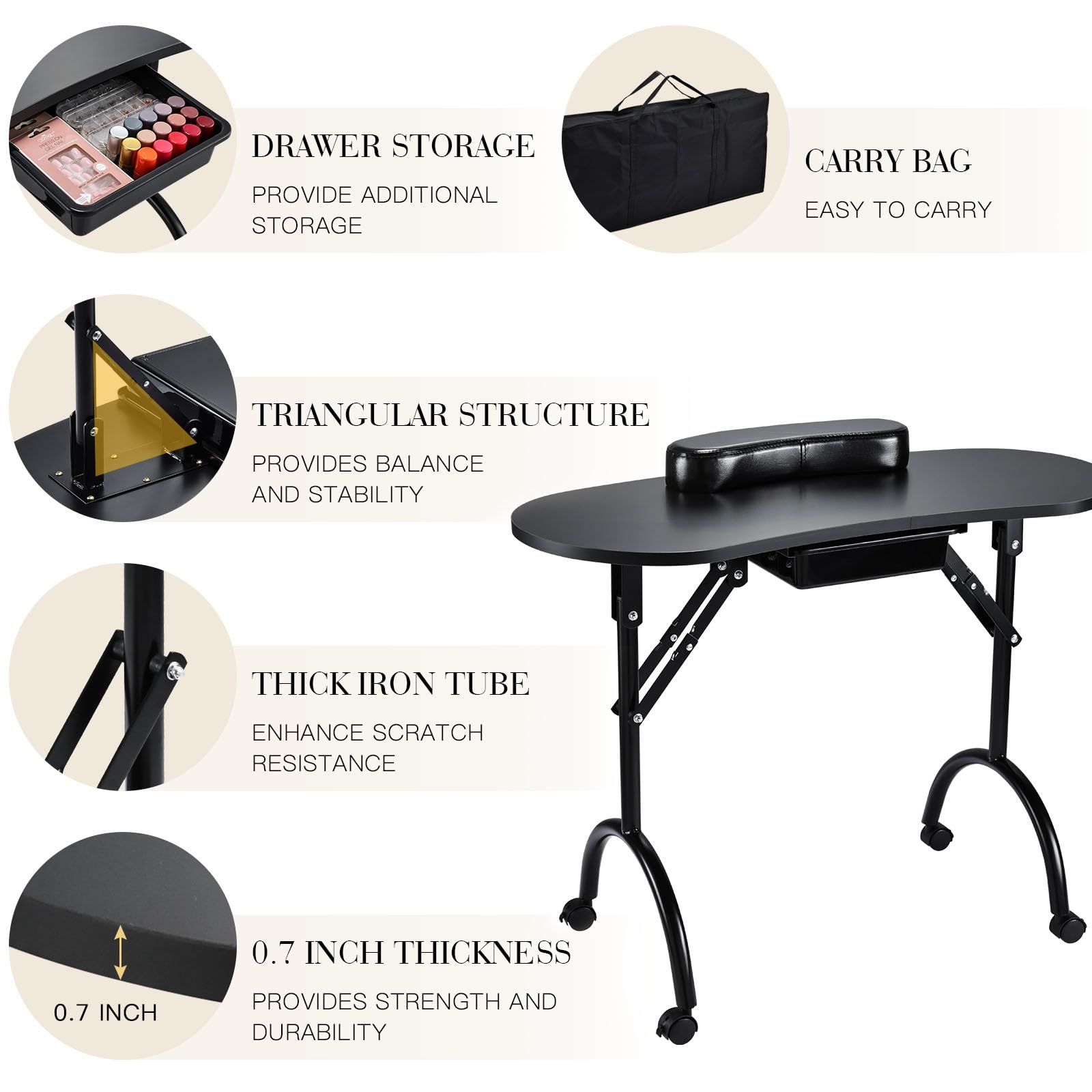 Joligrace manicure-table-spacious-drawer showcases organized tools and polish within easy reach