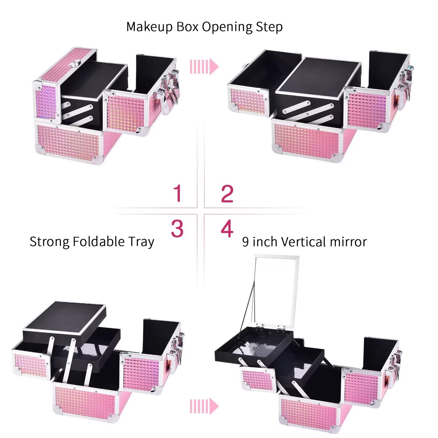 Joligrace Mermaid Pink makeup box durable construction withstands daily travel bumps