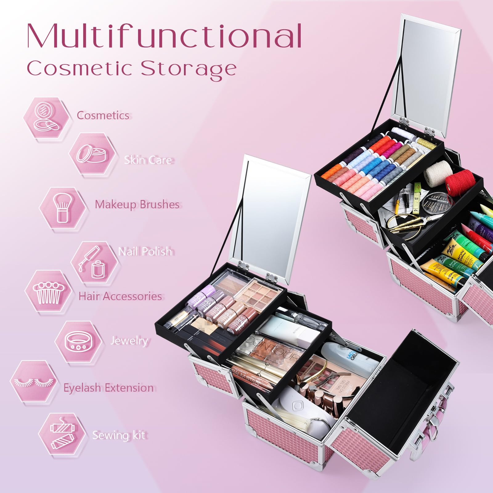 Joligrace Mermaid Pink makeup box extended trays for organized cosmetics on the go
