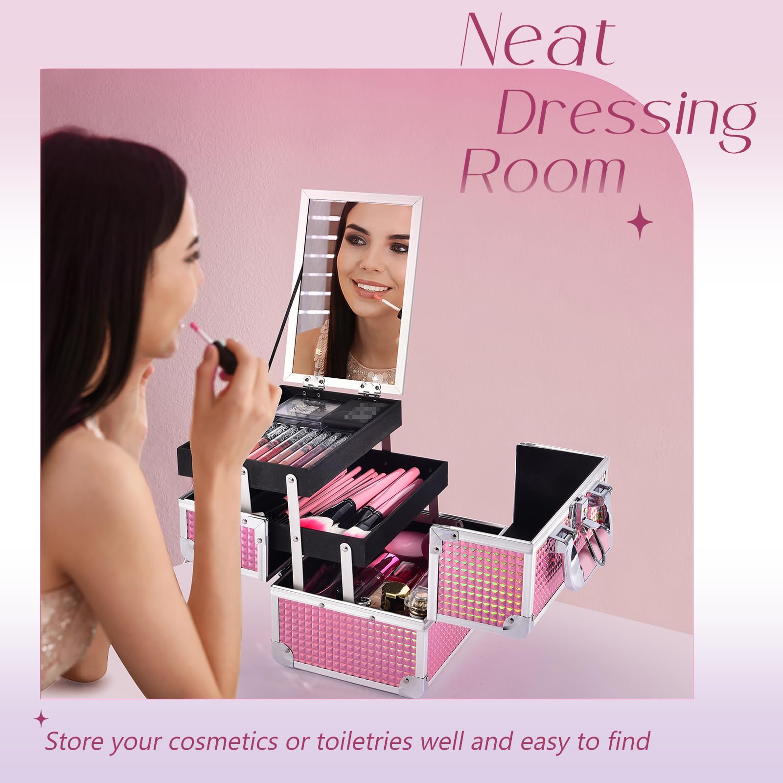 Joligrace Mermaid Pink makeup box portable handle ensures comfortable carry
