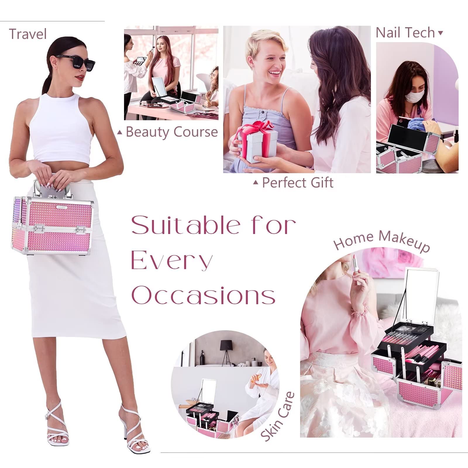 Joligrace Mermaid Pink makeup box top mirror for quick on-the-go makeup checks