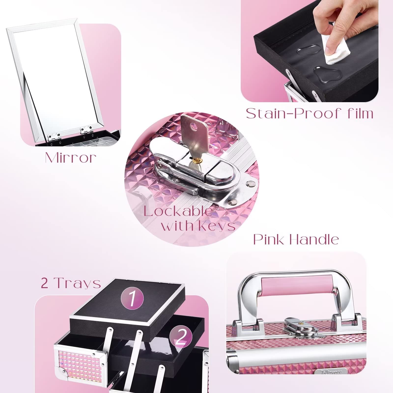 Joligrace Mermaid Pink makeup box waterproof surface resists moisture during travel