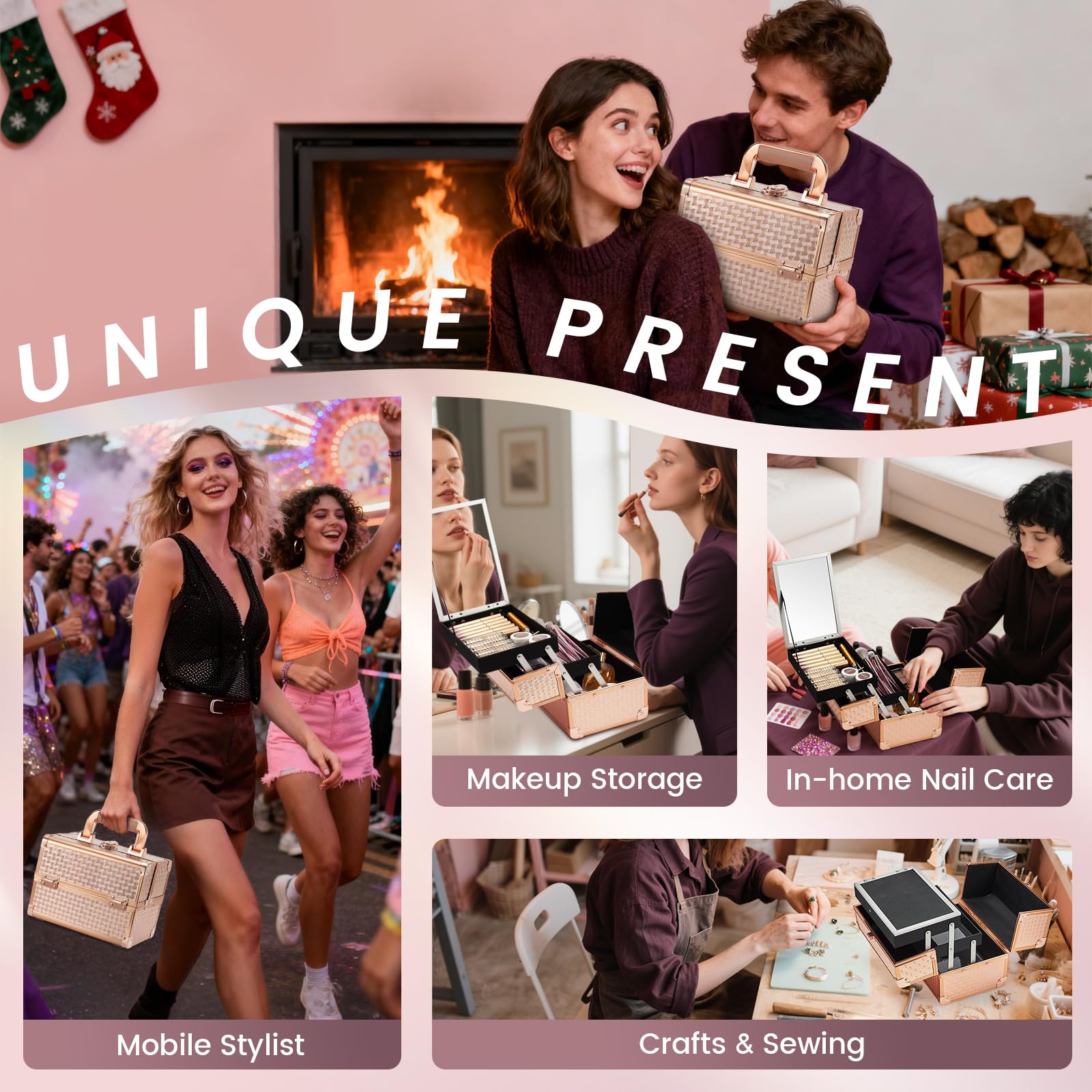Joligrace train case with 2-tier trays keeping cosmetics organized on the go