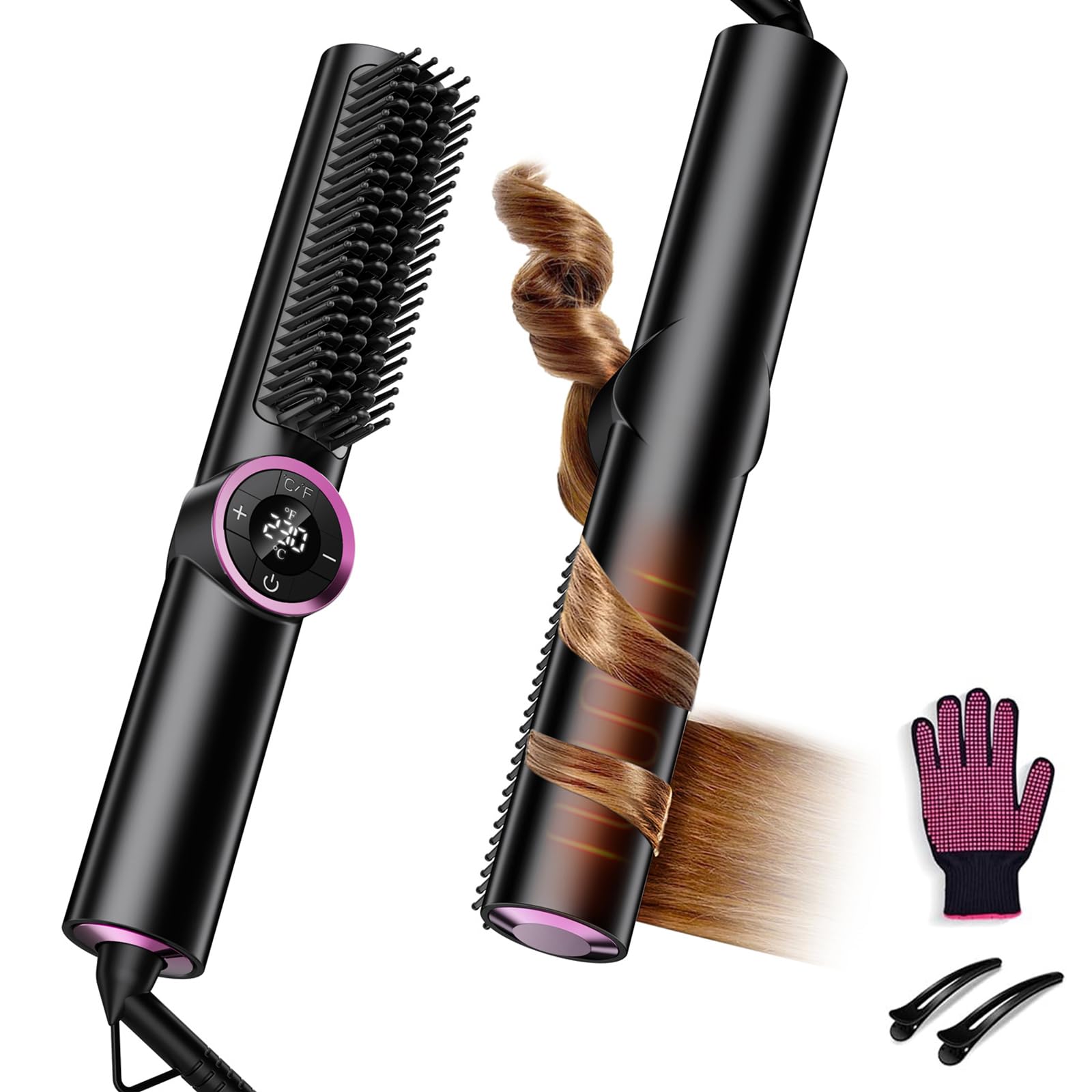 JolinKoin hair straightener brush angled view for quick smoothing and 3-in-1 styling