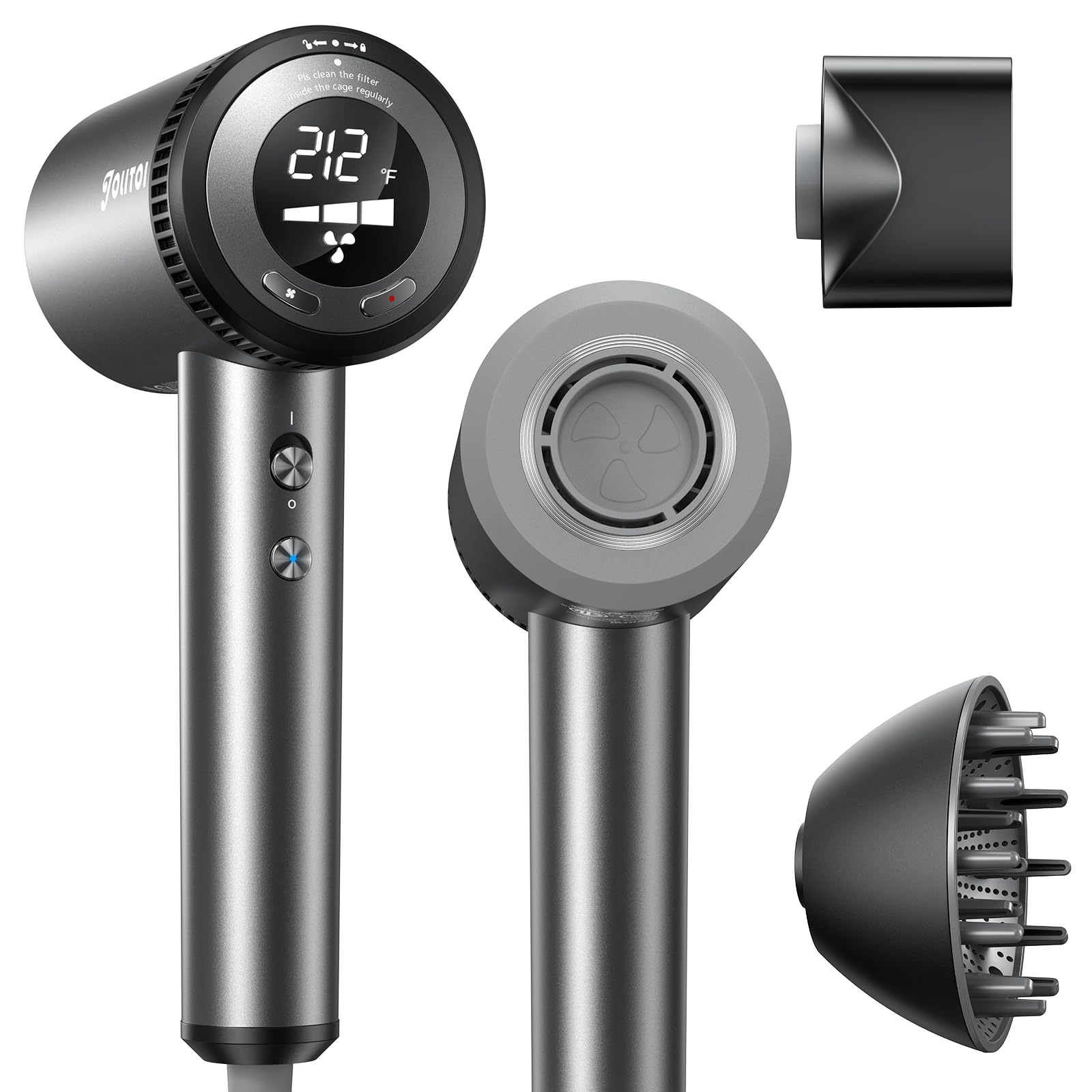 Jolitoi hair dryer with diffuser attachment delivers even airflow for gentle styling.