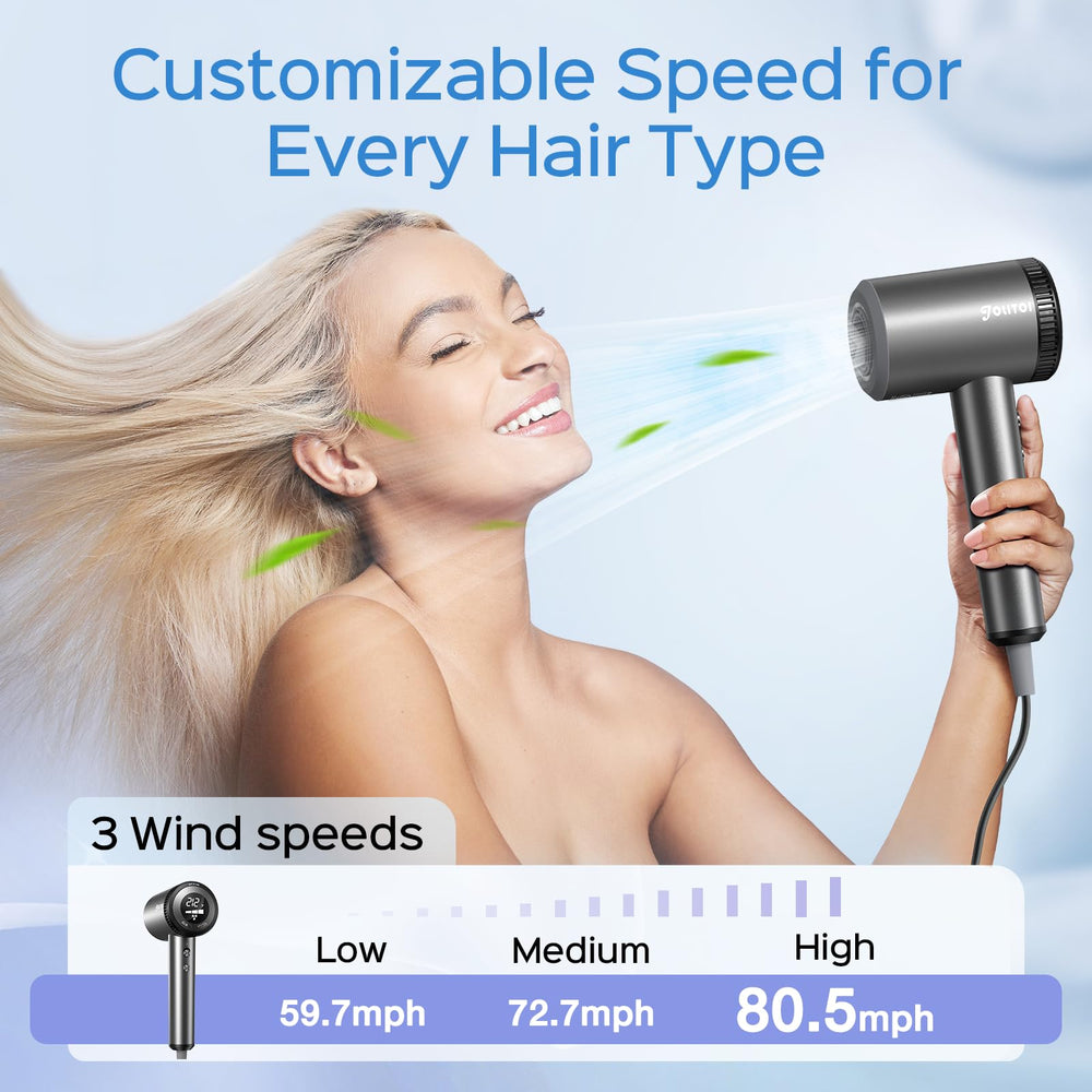 Jolitoi HD display on the hair dryer for precise adjustments.