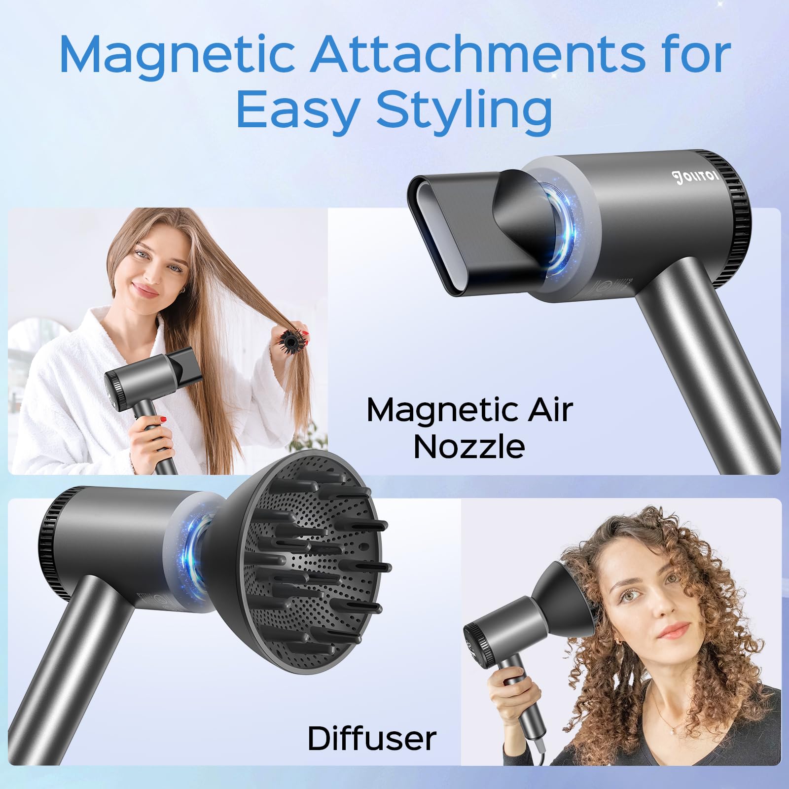 Jolitoi hair dryer magnetic nozzle enables quick, precise styling.