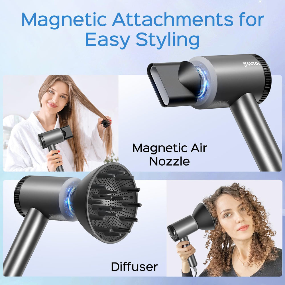 Jolitoi hair dryer magnetic nozzle enables quick, precise styling.