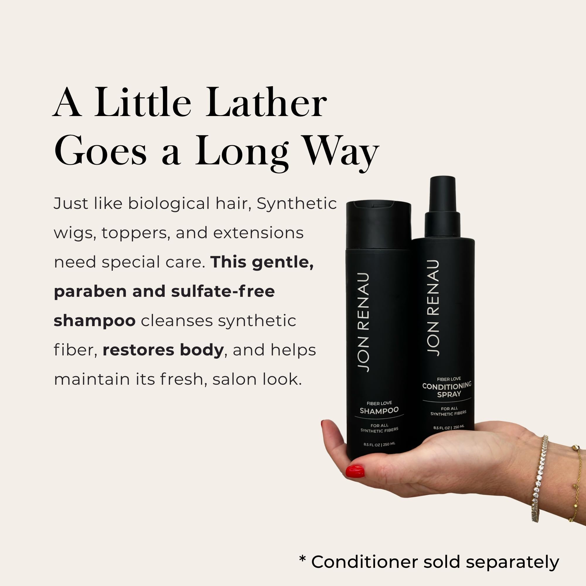 Jon Renau Fiber Love Shampoo pour demonstrates even distribution for smooth washes