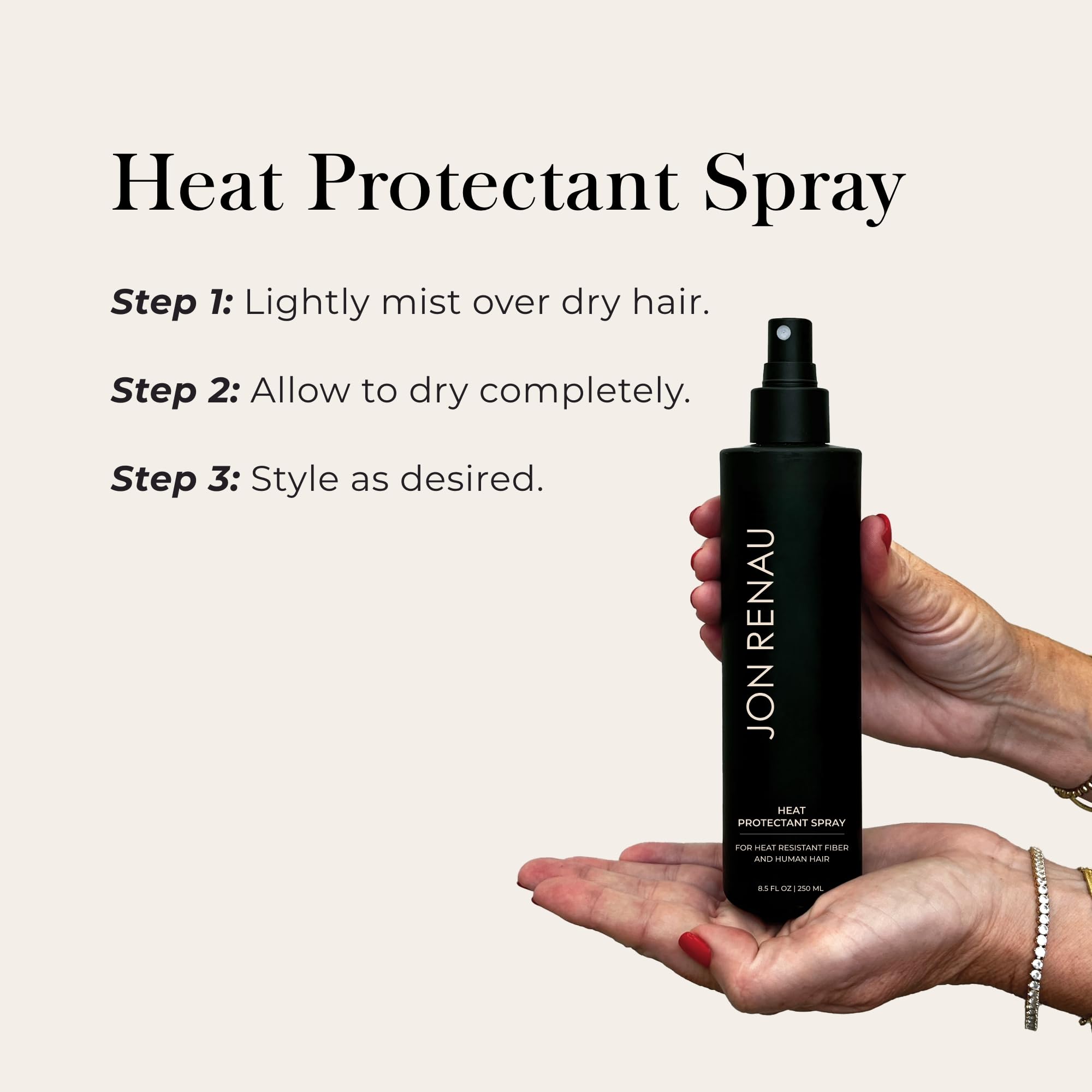 Jon Renau Heat Protectant Spray on heat-friendly synthetic fibers reduces snagging.