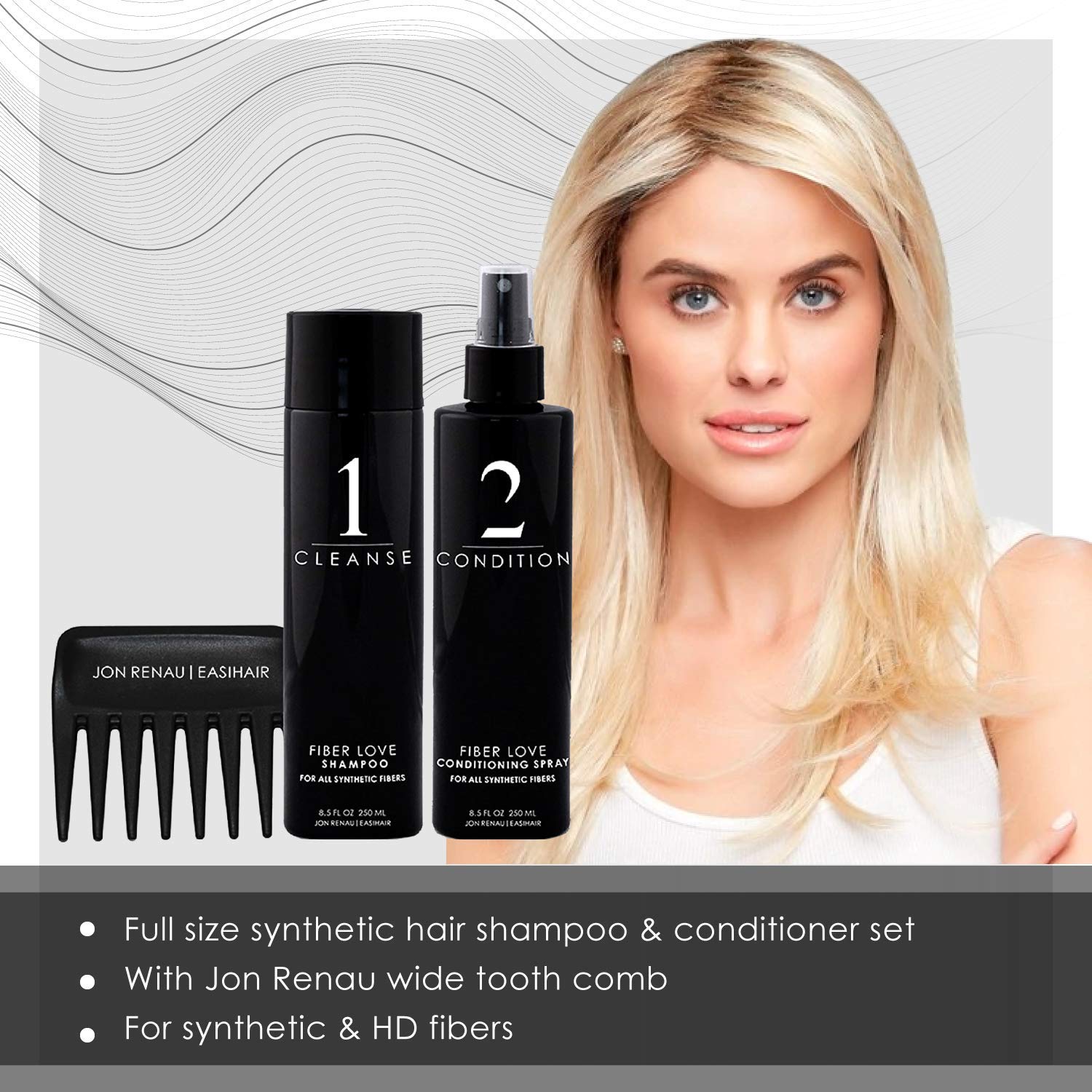 Jon Renau synthetic hair conditioner bottle emphasizing sulfate- and paraben-free care