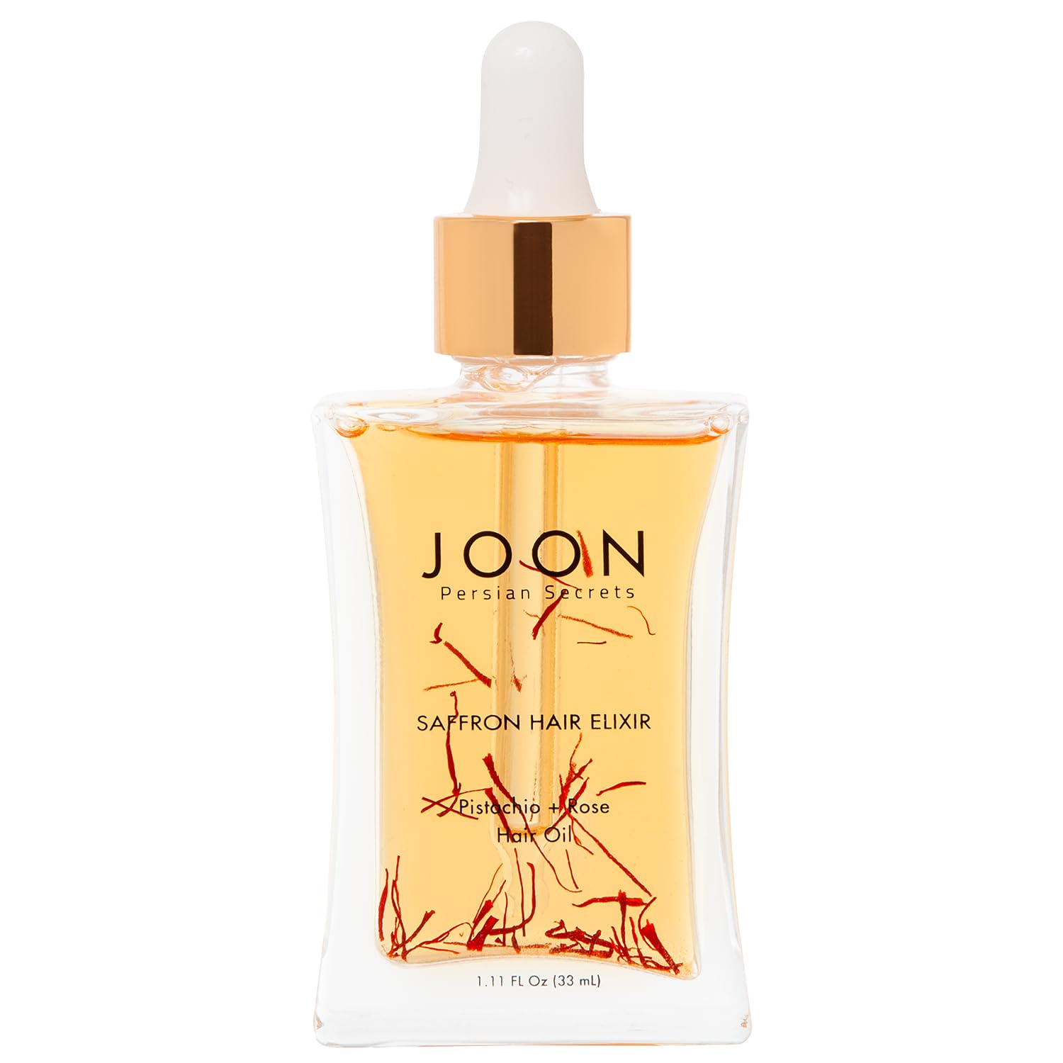 Joon Saffron Hair Elixir bottle highlights pistachio and rose for shine
