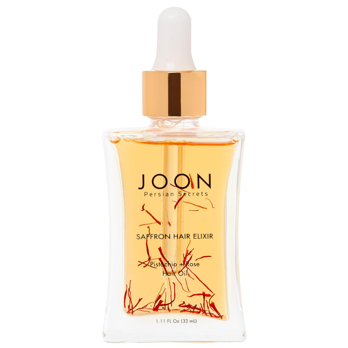 Joon Saffron Hair Elixir bottle highlights pistachio and rose for shine