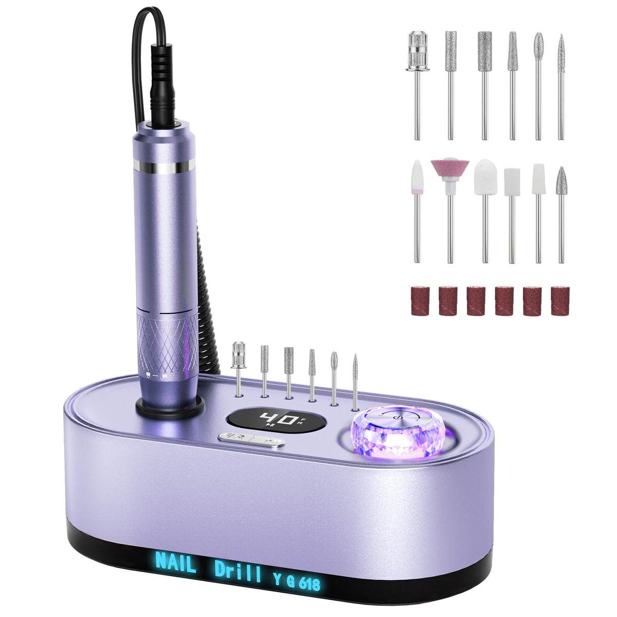JOSGLOI electric nail drill front view highlighting 40,000 RPM power for efficient filing