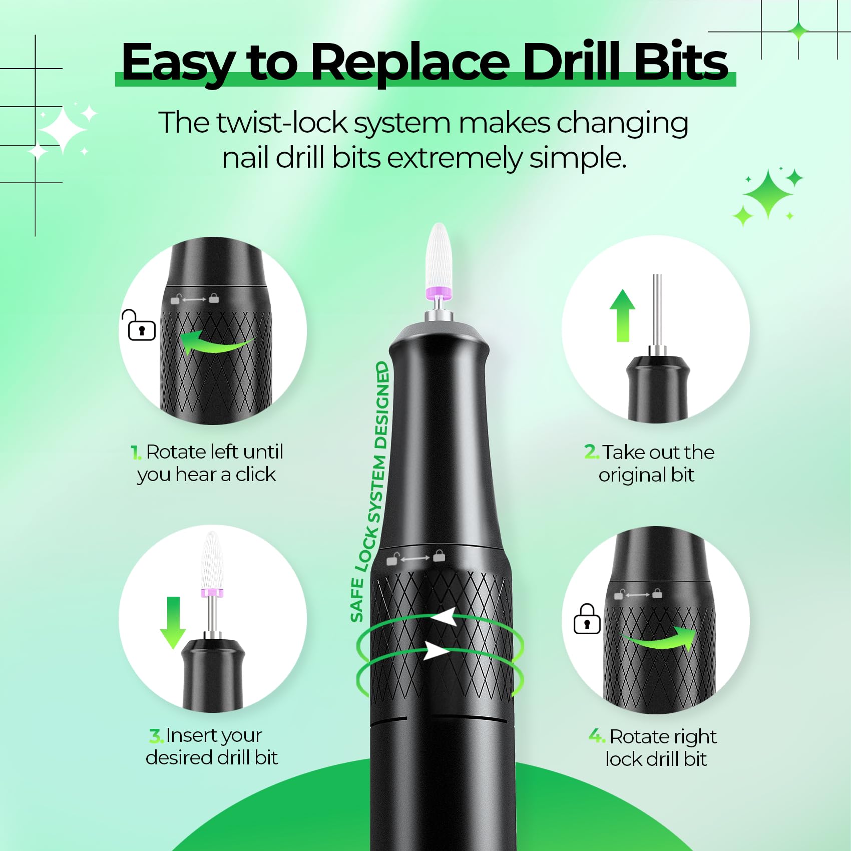 JOSGLOI intelligent-display nail drill showing speed and direction.