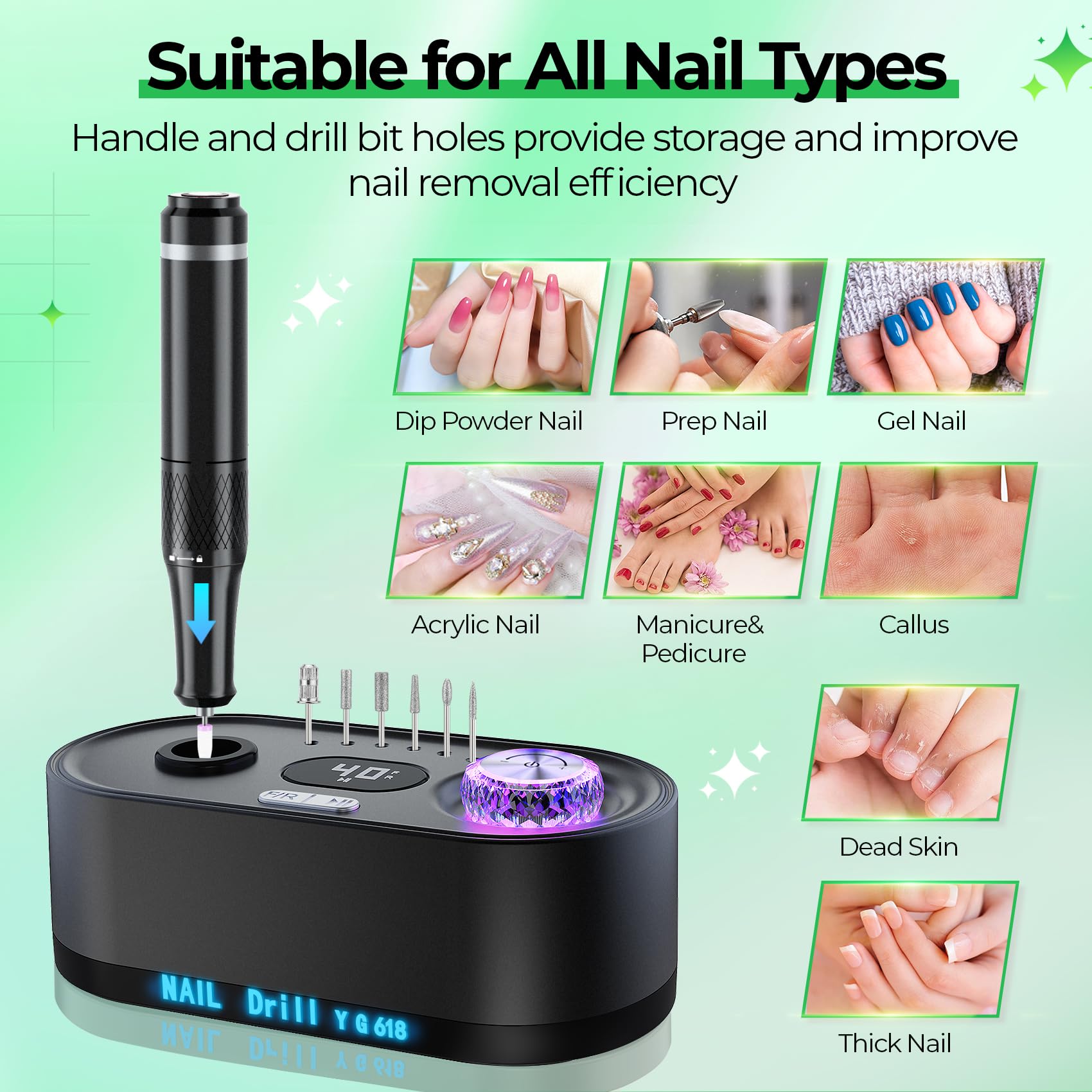 JOSGLOI nail drill with USB port for quick device charging.