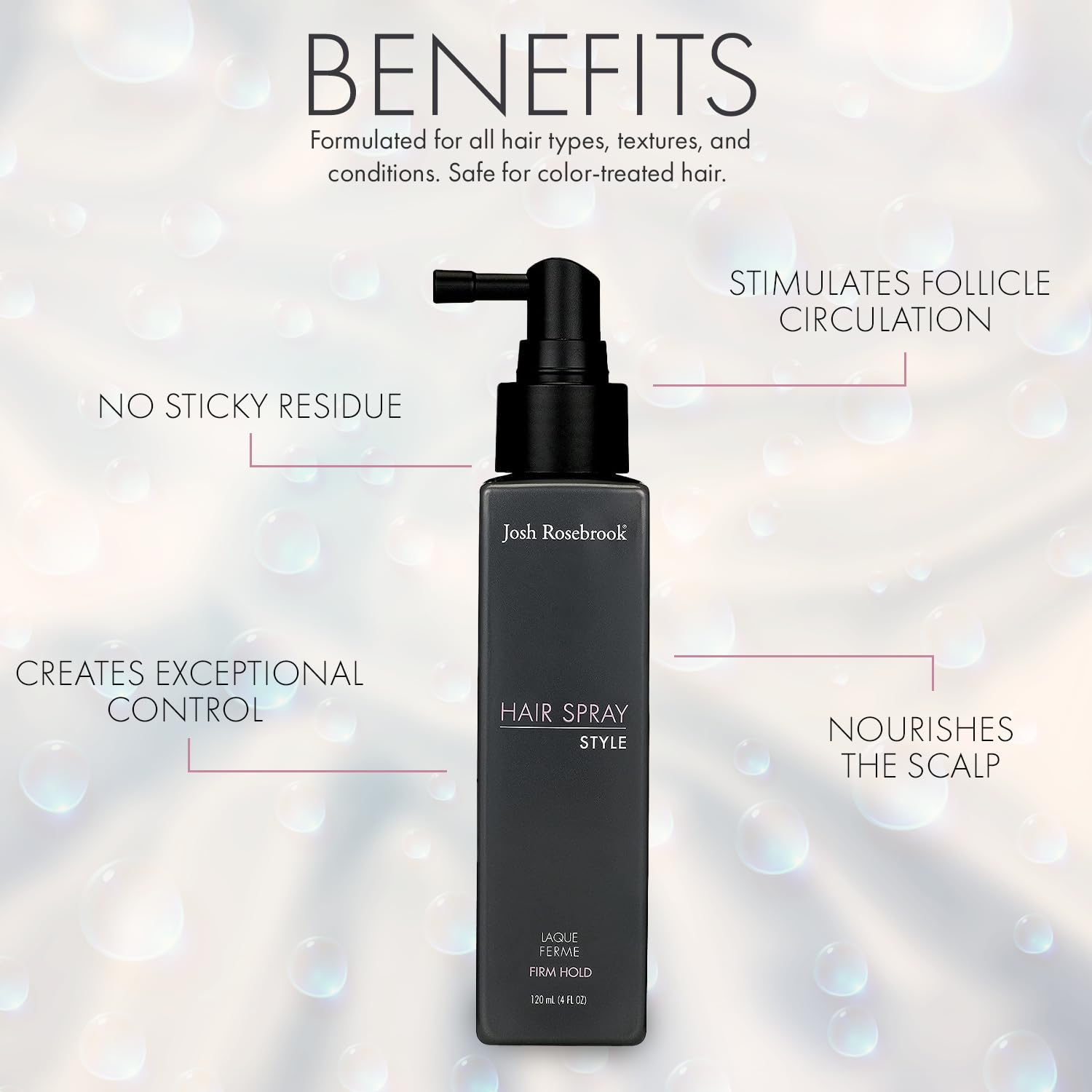 Josh Rosebrook Hair Spray bottle highlights organic yucca and rice extract for balanced hold.