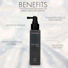 Josh Rosebrook Hair Spray bottle highlights organic yucca and rice extract for balanced hold.