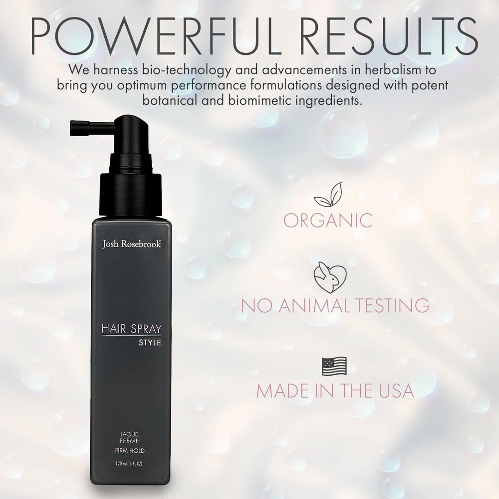 Josh Rosebrook Hair Spray close-up packaging; premium design and color-safe styling.