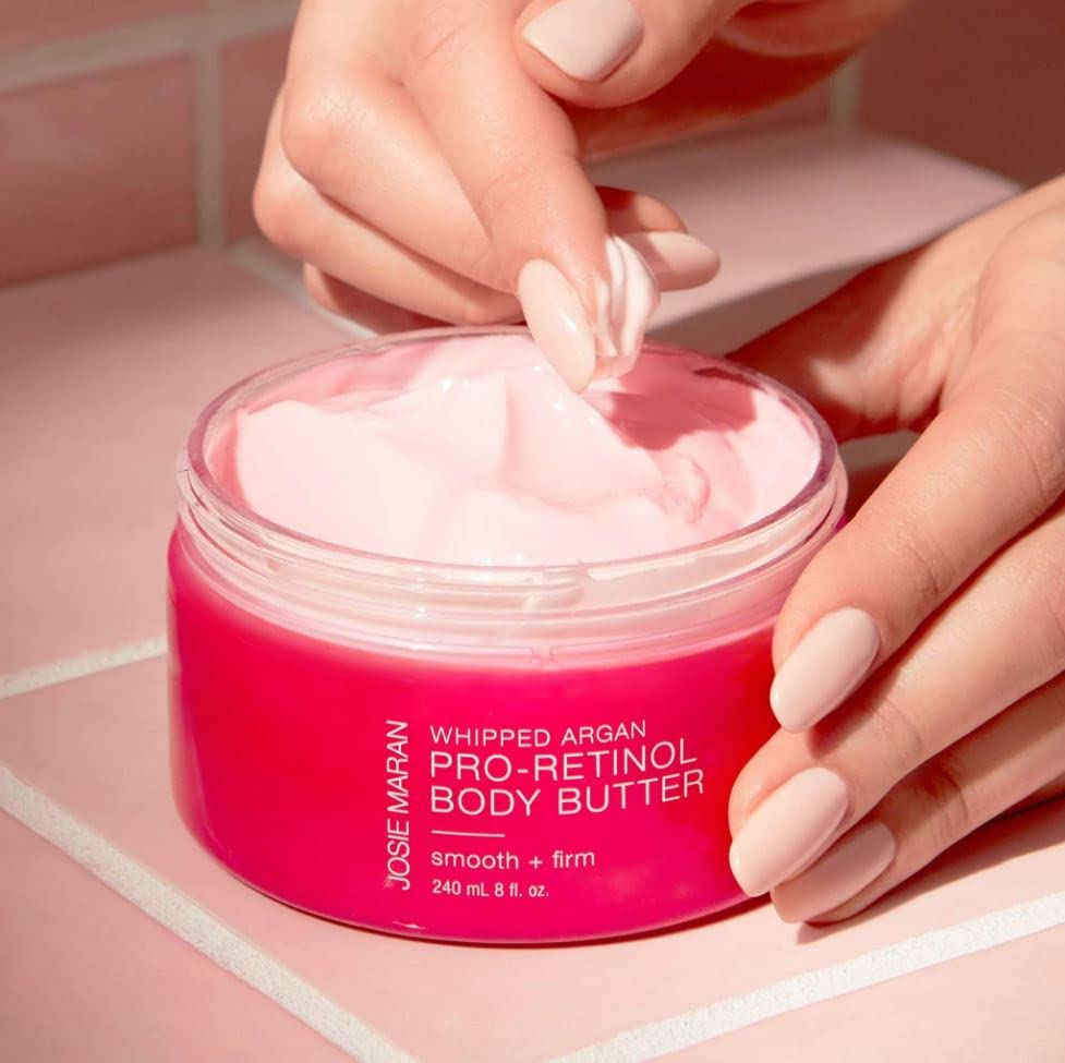 Josie Maran air-whipped argan oil texture highlights velvety feel and moisture sealing benefits.