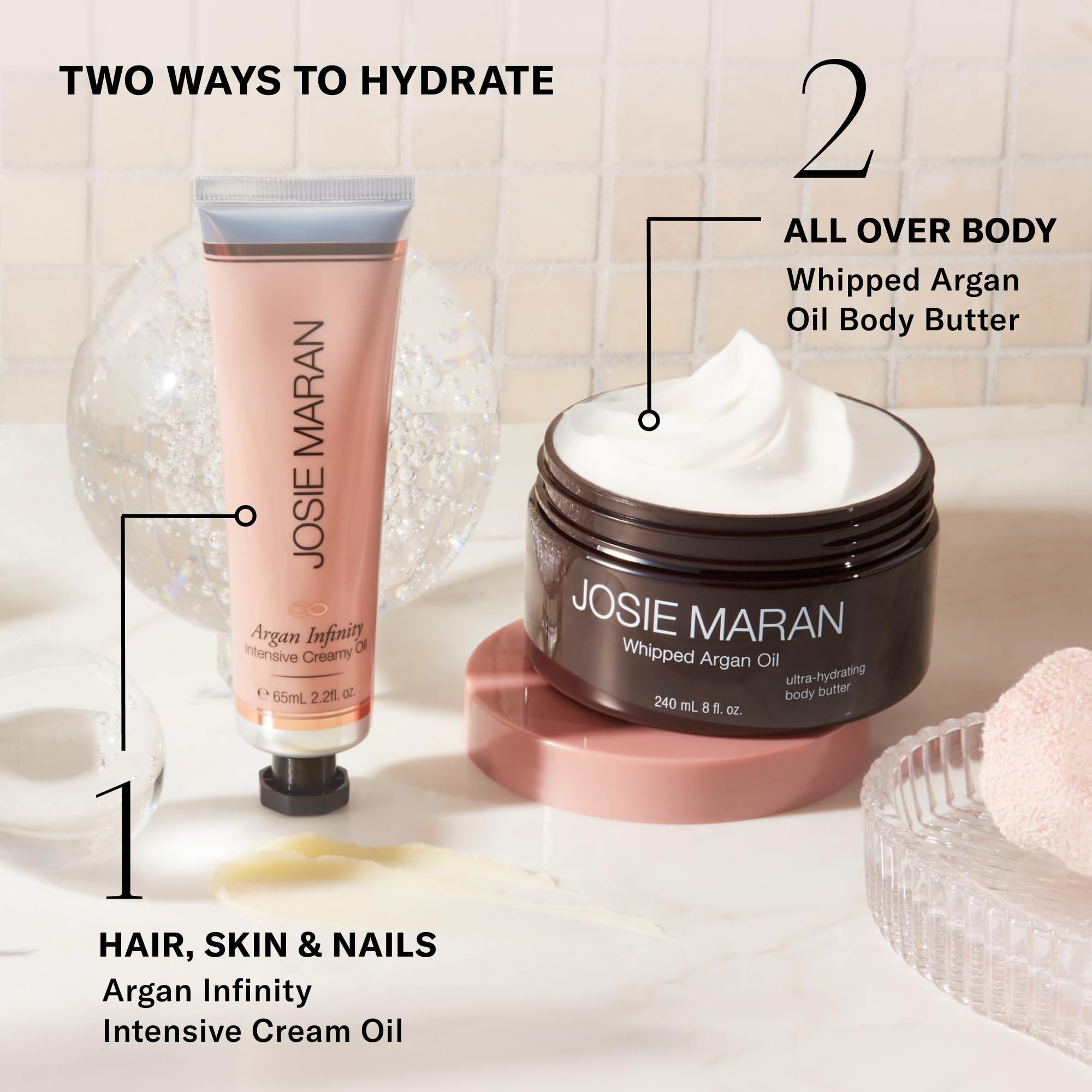 Josie Maran cruelty-free formula packaging showcased on sustainable bottle.